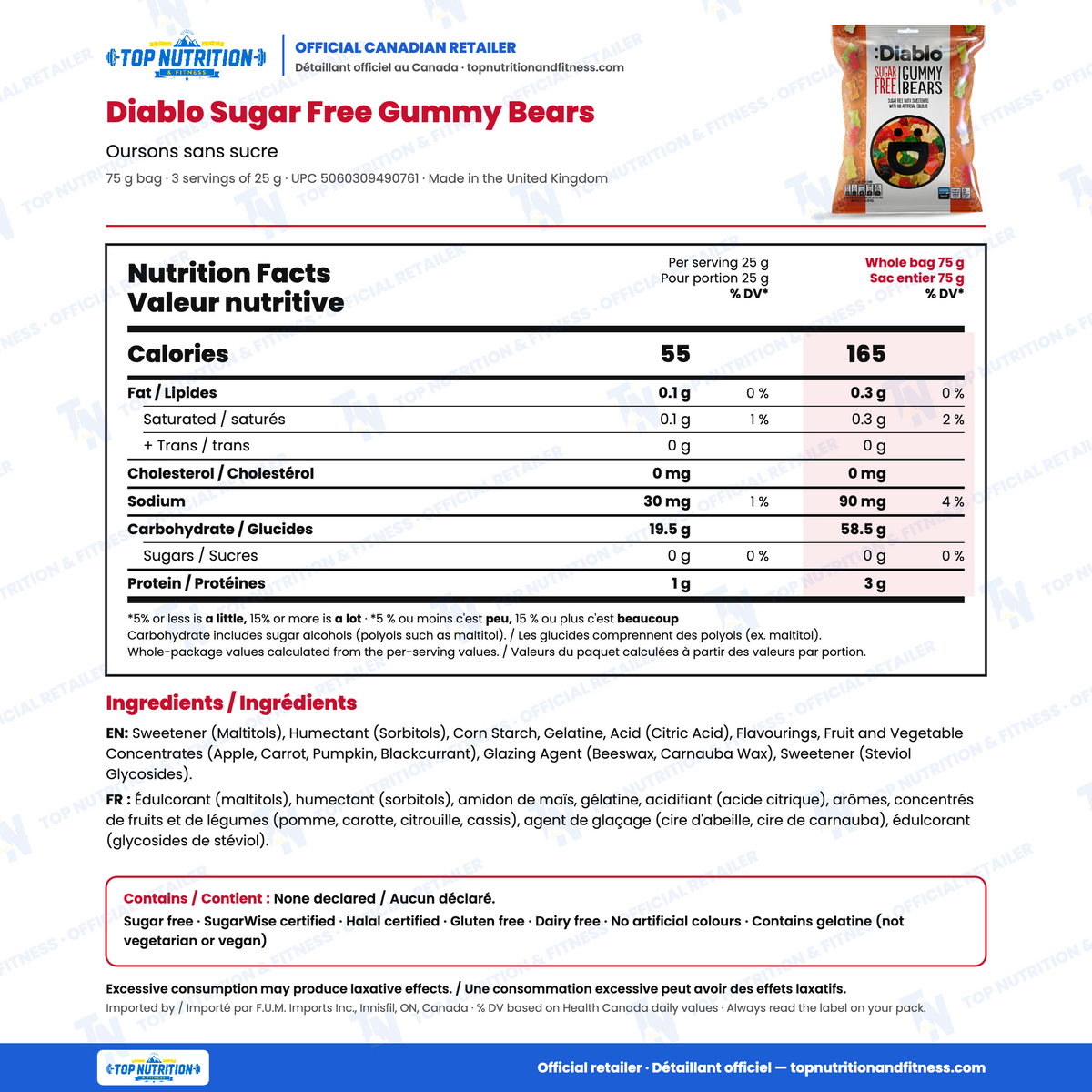 Diablo Sugar Free Gummy Bears nutrition facts per 25 g serving vs whole 75 g bag (55 vs 165 calories, 0 g sugar) with English and French ingredients and allergens – Top Nutrition & Fitness official Canadian retailer