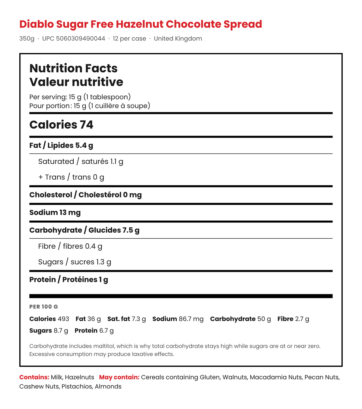 Diablo Hazelnut & Chocolate Spread Nutrition Facts panel: 74 calories per 15 g tablespoon, 1.3 g sugars