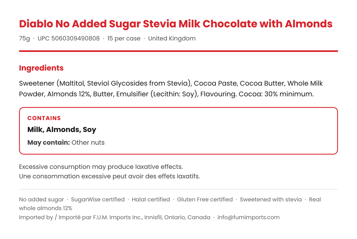 Diablo No Added Sugar Milk Chocolate with Almonds bar ingredient list panel with allergens (milk, almonds, soy)