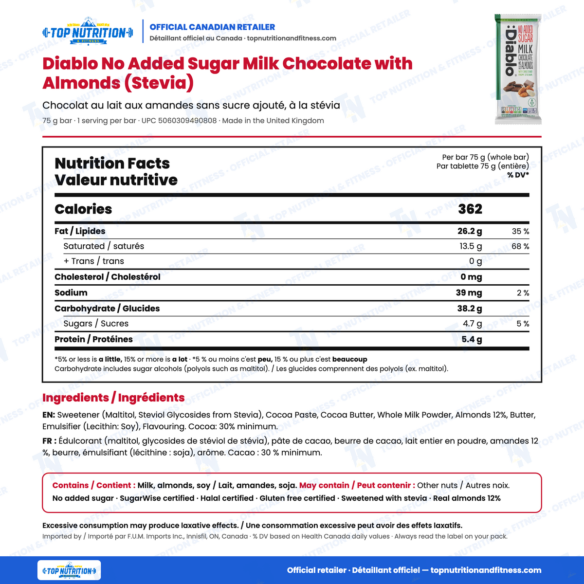 Diablo No Added Sugar Milk Chocolate with Almonds 75 g bar nutrition facts (362 calories, 4.7 g sugars per bar) with English and French ingredients and allergens – Top Nutrition & Fitness official Canadian retailer