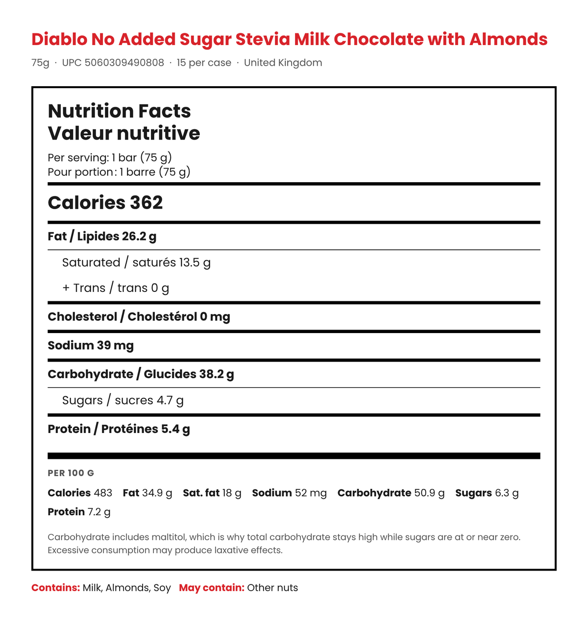 Diablo Milk Chocolate with Almonds bar Nutrition Facts panel: 362 calories per 75 g bar, 4.7 g sugars