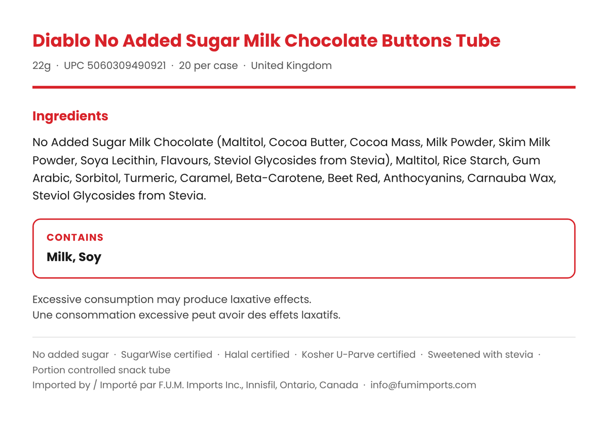 Diablo No Added Sugar Coated Milk Chocolate Buttons ingredient list panel with allergens (milk, soy)