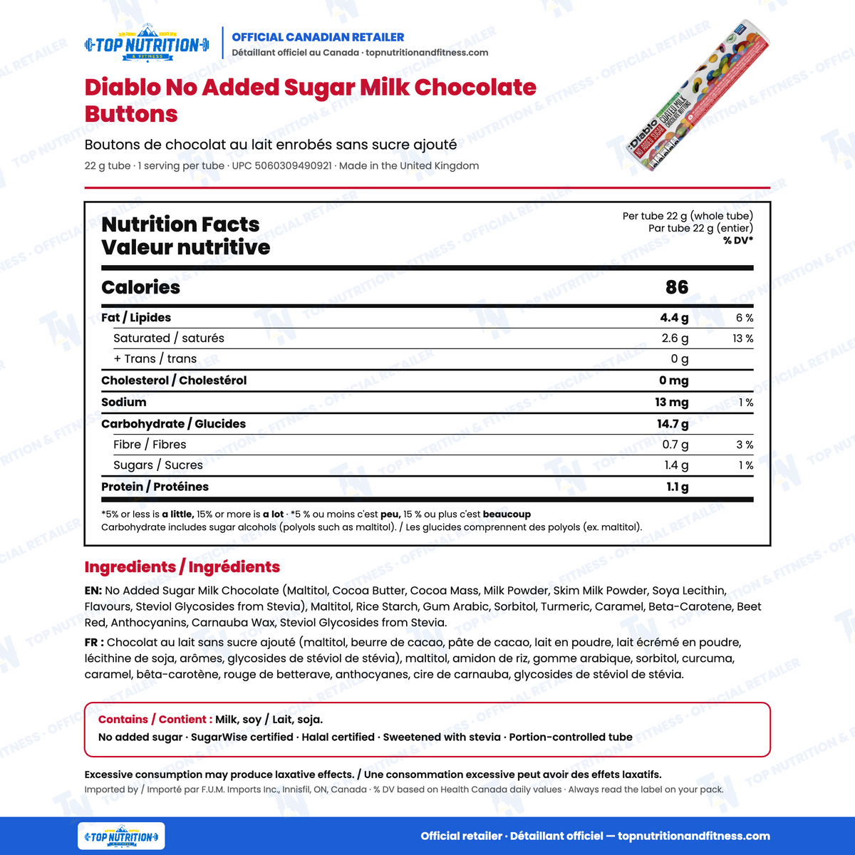Diablo No Added Sugar Milk Chocolate Buttons 22 g tube nutrition facts (86 calories, 1.4 g sugars per tube) with English and French ingredients and allergens – Top Nutrition & Fitness official Canadian retailer