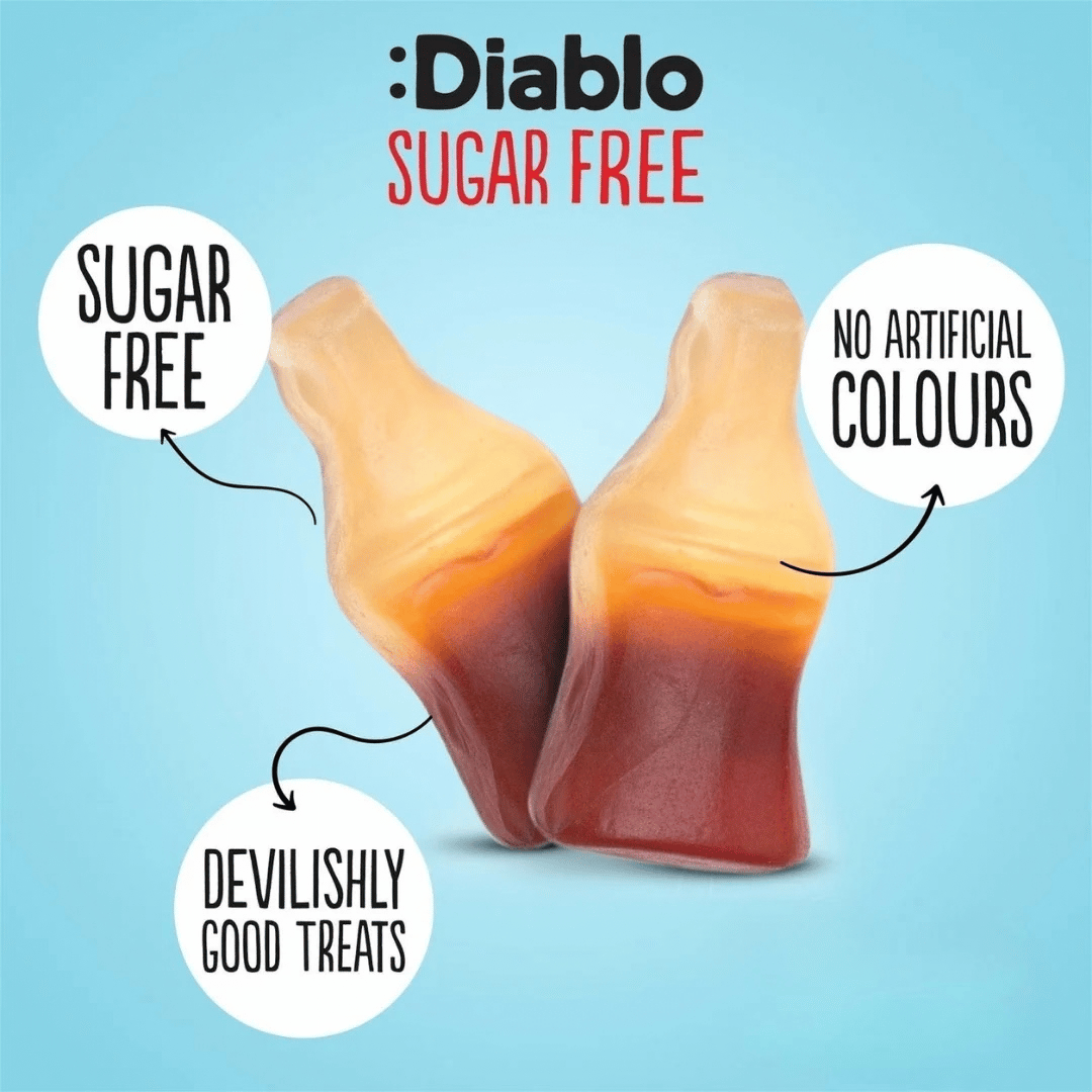 Diablo Sugar Free Cola Bottles gummy sweets with no artificial colours, two cola bottle candies on a blue feature graphic