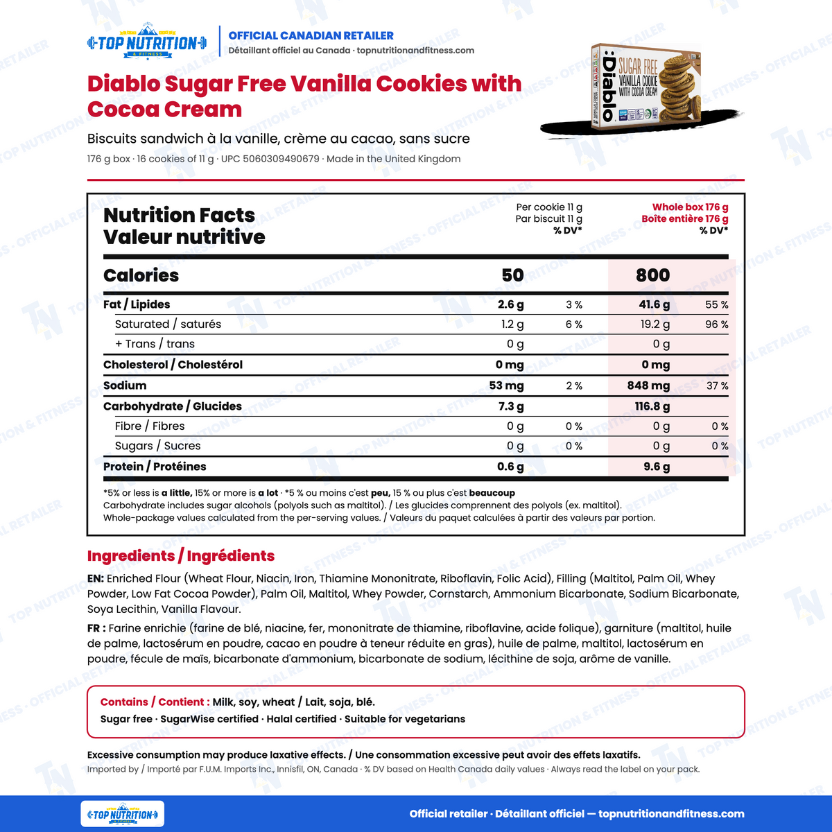 Diablo Sugar Free Vanilla Cookies with Cocoa Cream nutrition facts per 11 g cookie vs whole 176 g box of 16 (50 vs 800 calories, 0 g sugars) with English and French ingredients and allergens – Top Nutrition & Fitness official Canadian retailer