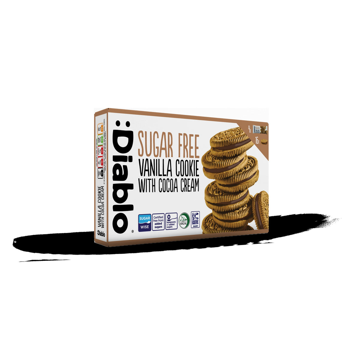 Diablo Sugar Free Vanilla Sandwich Cookies with Cocoa Cream, 176g pack, front of box