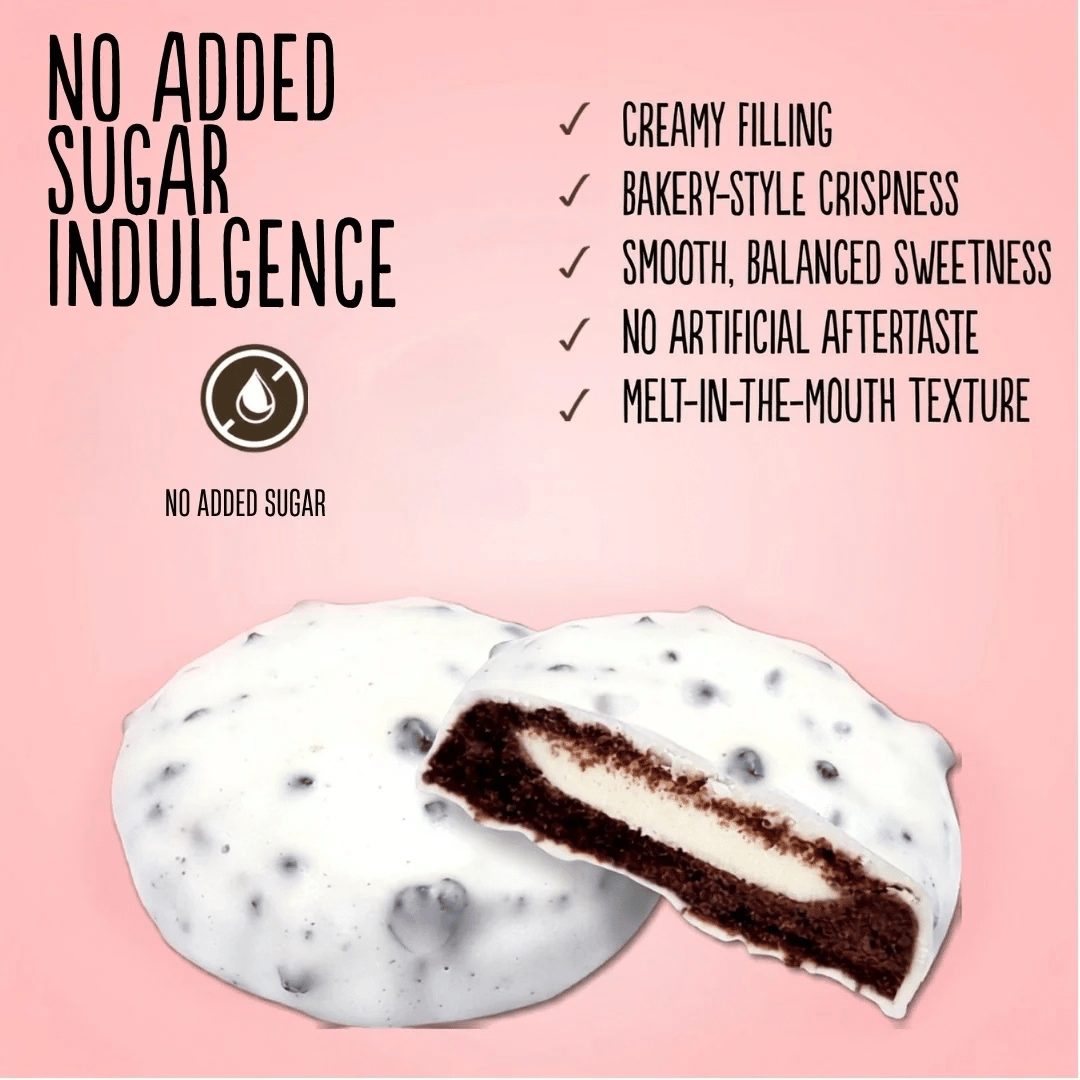 Diablo No Added Sugar White Chocolate Coated Cookies and Cream biscuit with creamy filling, indulgence feature graphic