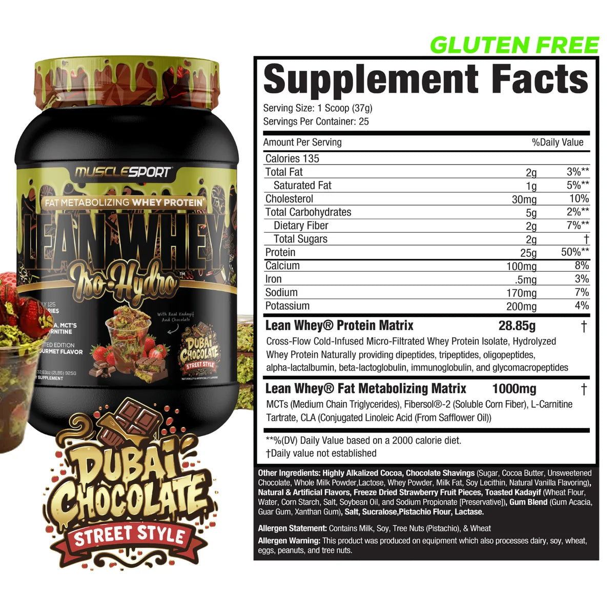 MuscleSport Lean Whey Dubai Chocolate Street Style whey isolate protein tub