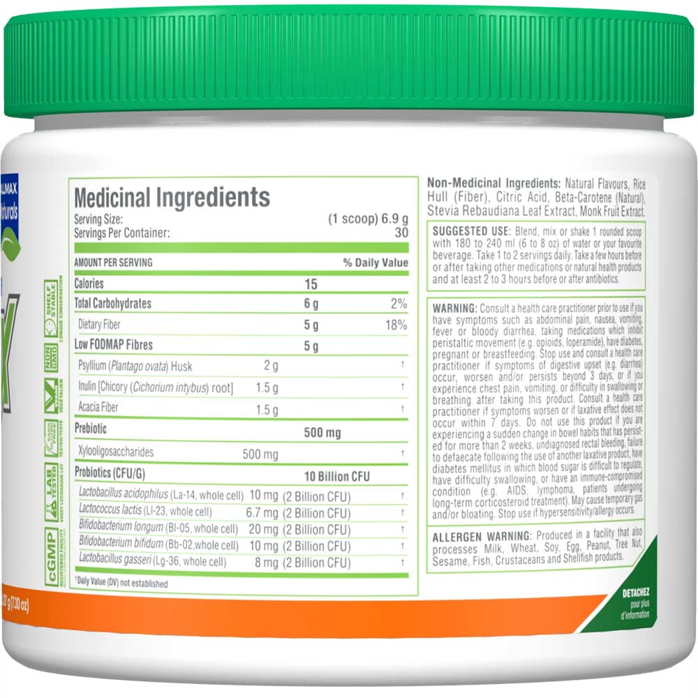 Allmax FiberBiotix Orange Nutrition Facts panel — medicinal ingredients and suggested use, 30 servings