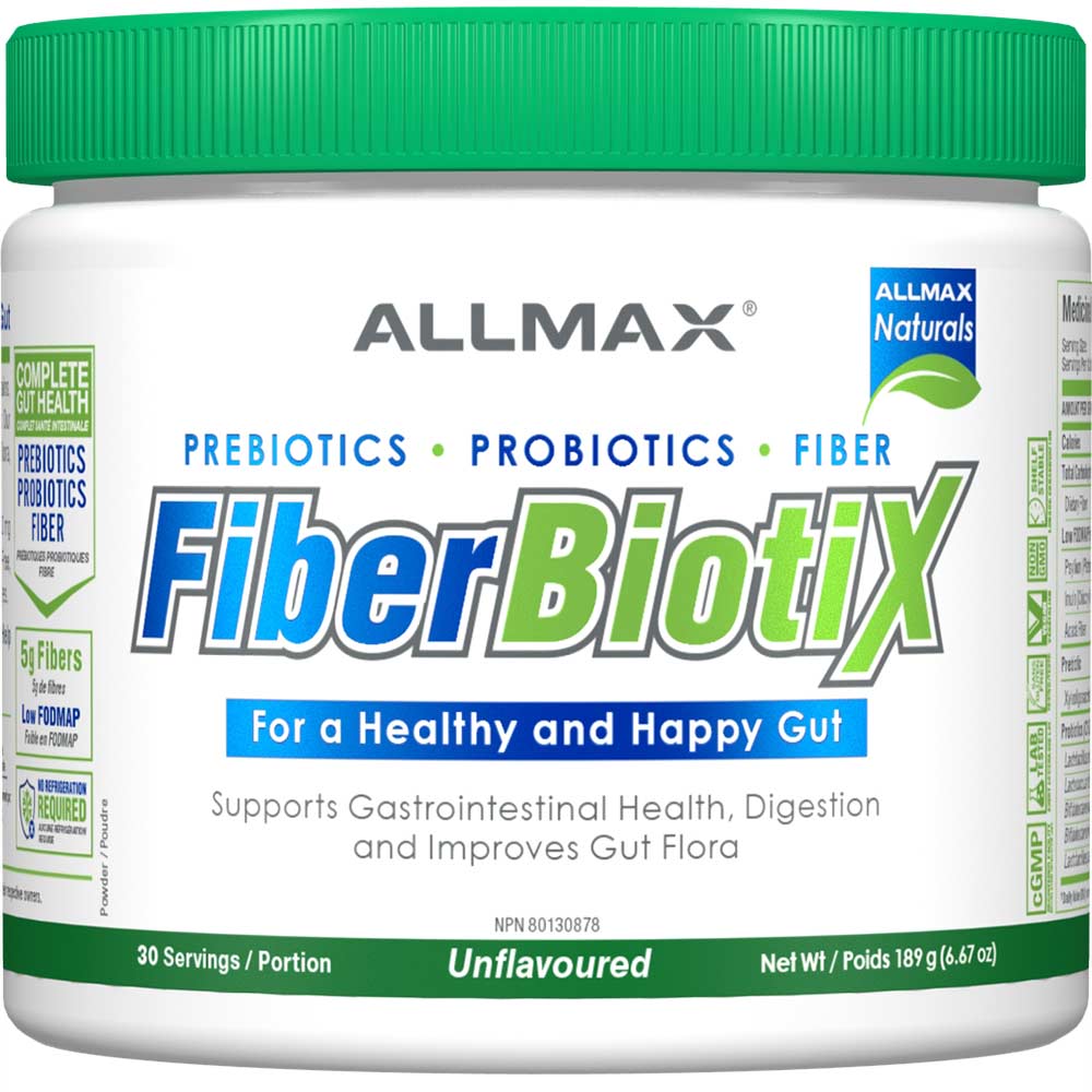 Allmax FiberBiotix Unflavored — 30-serving tub of prebiotic, probiotic and fiber powder, front label
