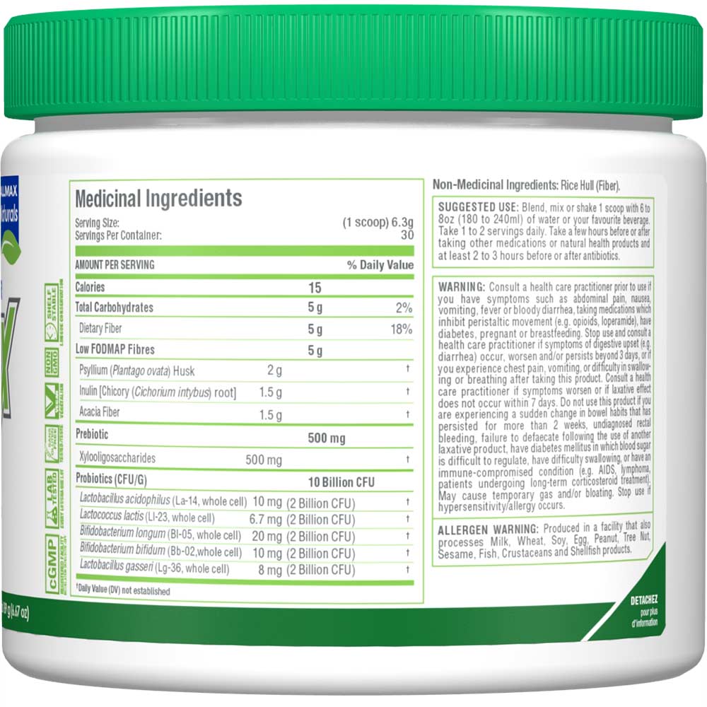 Allmax FiberBiotix Unflavored Nutrition Facts panel — medicinal ingredients and suggested use, 30 servings