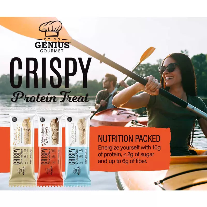 Genius Gourmet Crispy Protein Treat (1 bar) Protein Snacks Vanilla Dream,Chocolate Peanut Butter,Salted Caramel Genius Gourmet