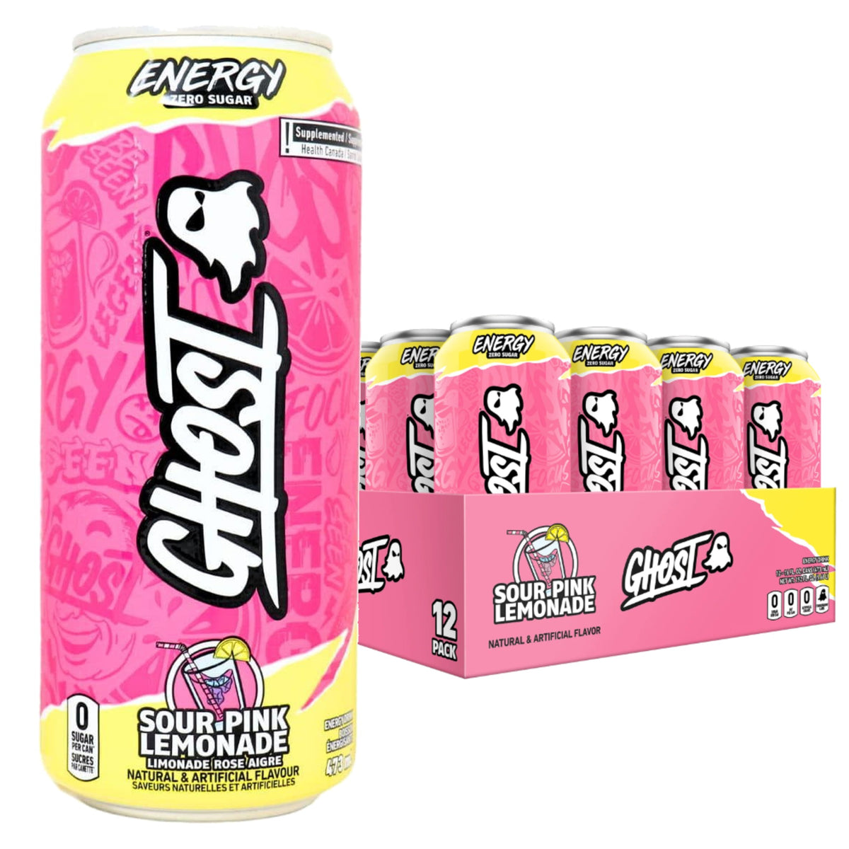 GHOST Energy Canada case of 12 — Sour Pink Lemonade can with 12-pack tray