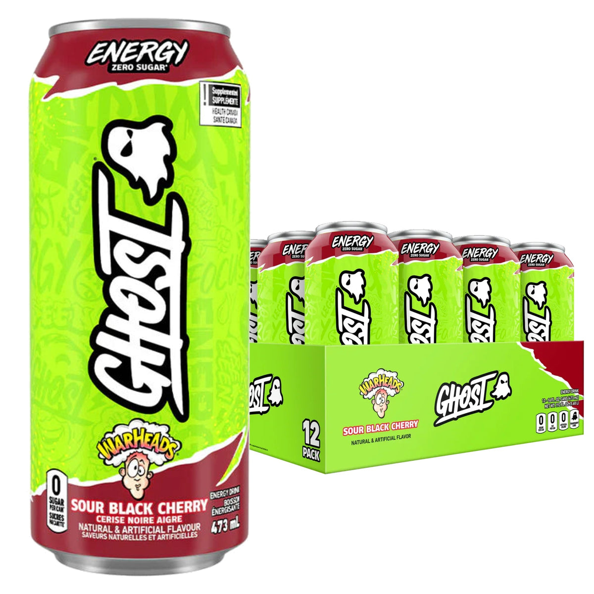 GHOST Energy Canada case of 12 — Warheads Sour Black Cherry can with 12-pack tray