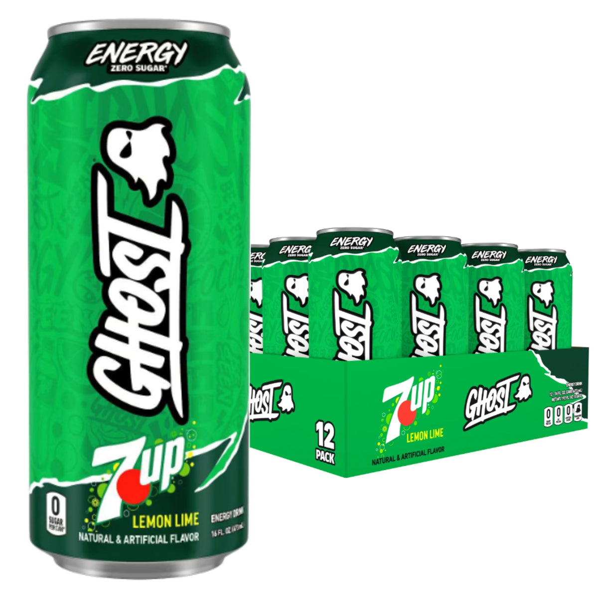 GHOST Energy USA case of 12 — 7UP Lemon Lime can with 12-pack tray