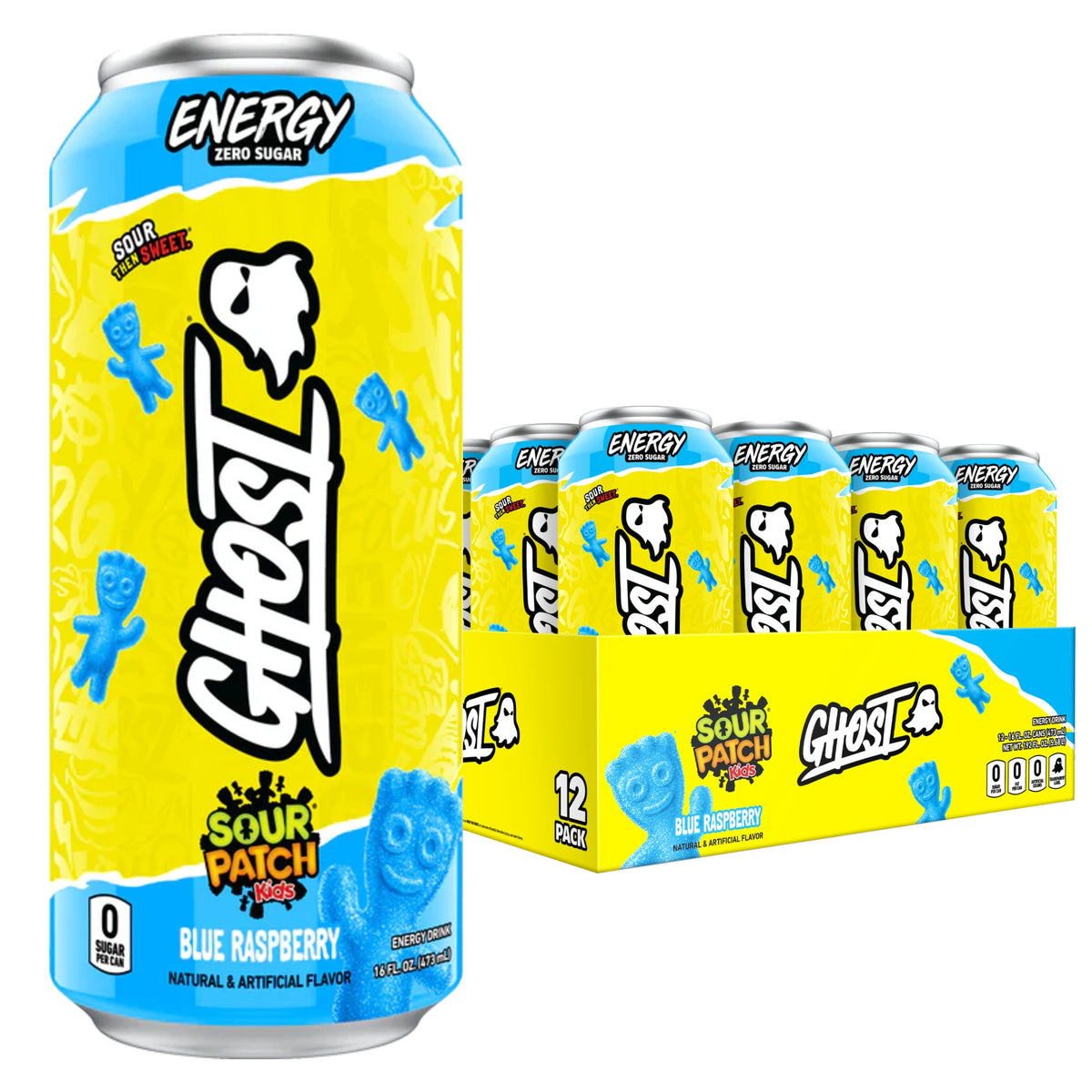 GHOST Energy USA case of 12 — Blue Raspberry Sour Patch Kids can with 12-pack tray