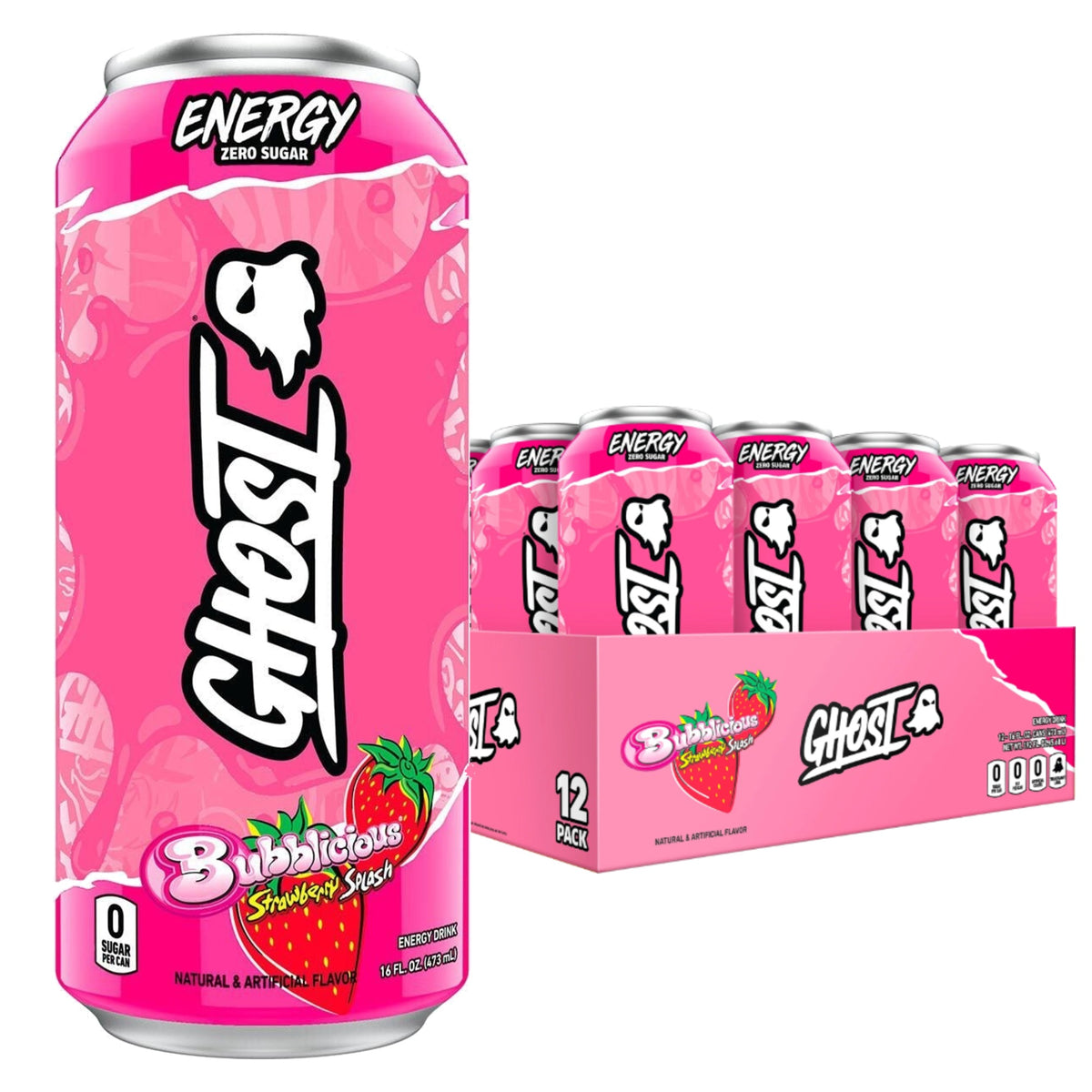 GHOST Energy USA case of 12 — Bubblicious Strawberry Splash can with 12-pack tray