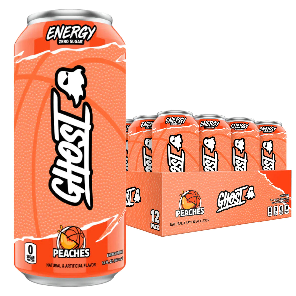 GHOST Energy USA case of 12 — Peaches can with 12-pack tray