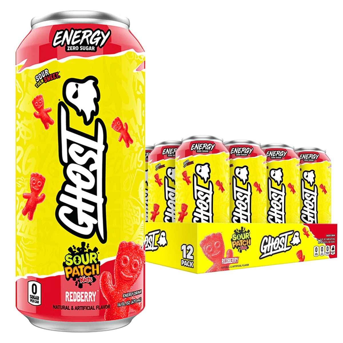 GHOST Energy USA case of 12 — Redberry Sour Patch Kids can with 12-pack tray