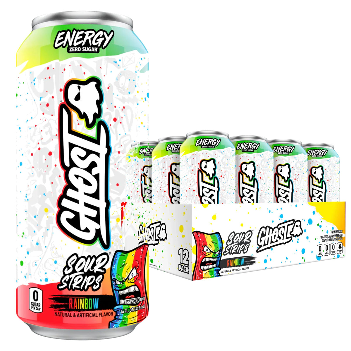 GHOST Energy USA case of 12 — Sour Strips Rainbow can with 12-pack tray