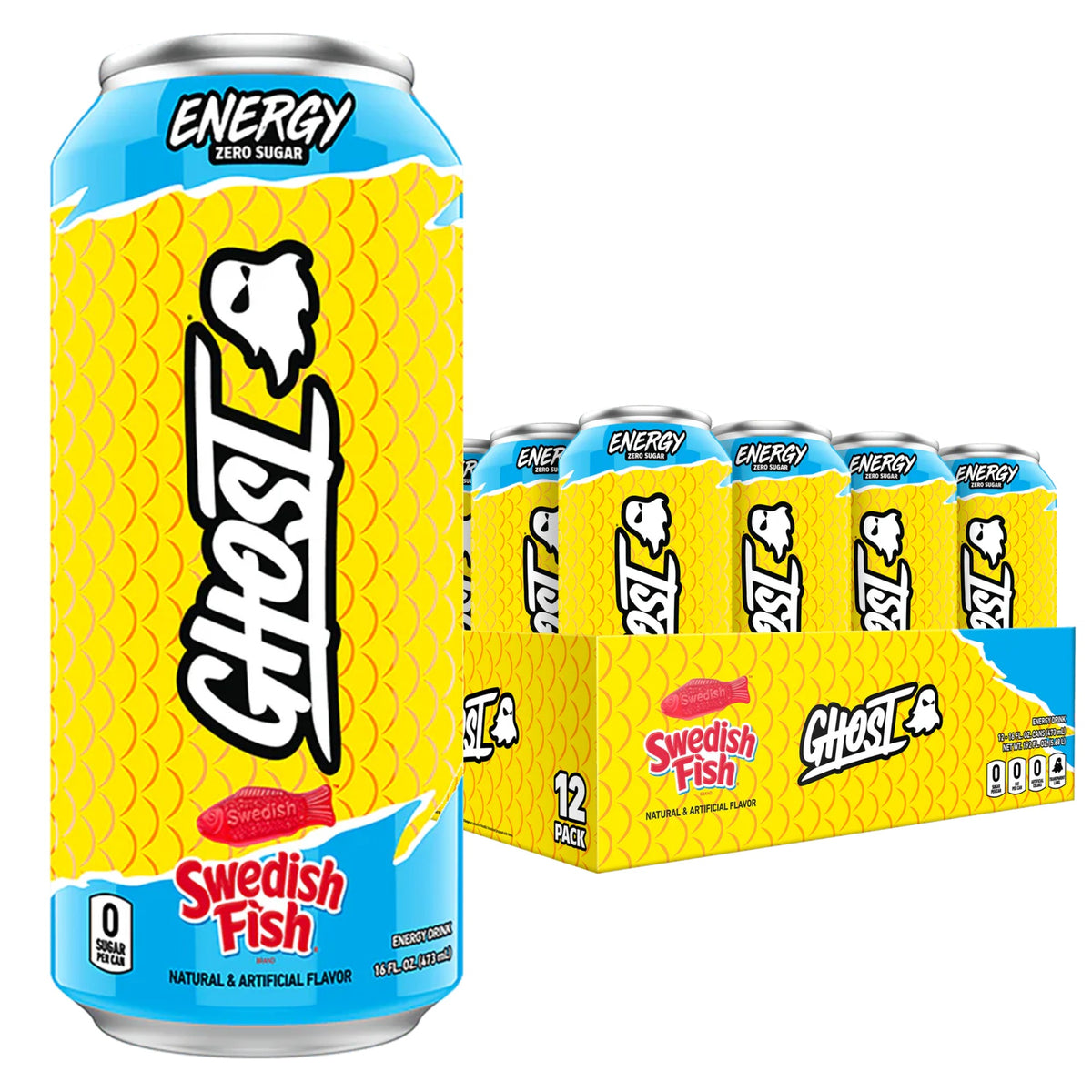 GHOST Energy USA case of 12 — Swedish Fish can with 12-pack tray