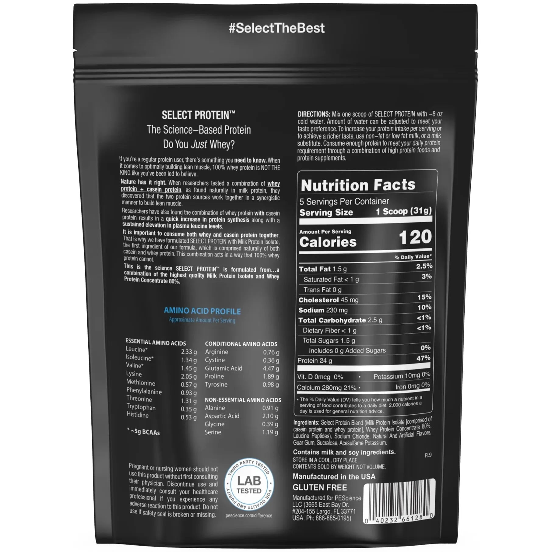 PEScience Select Whey Protein Powder TRIAL SIZE Nutrition Facts label — 120 cal, 24g protein