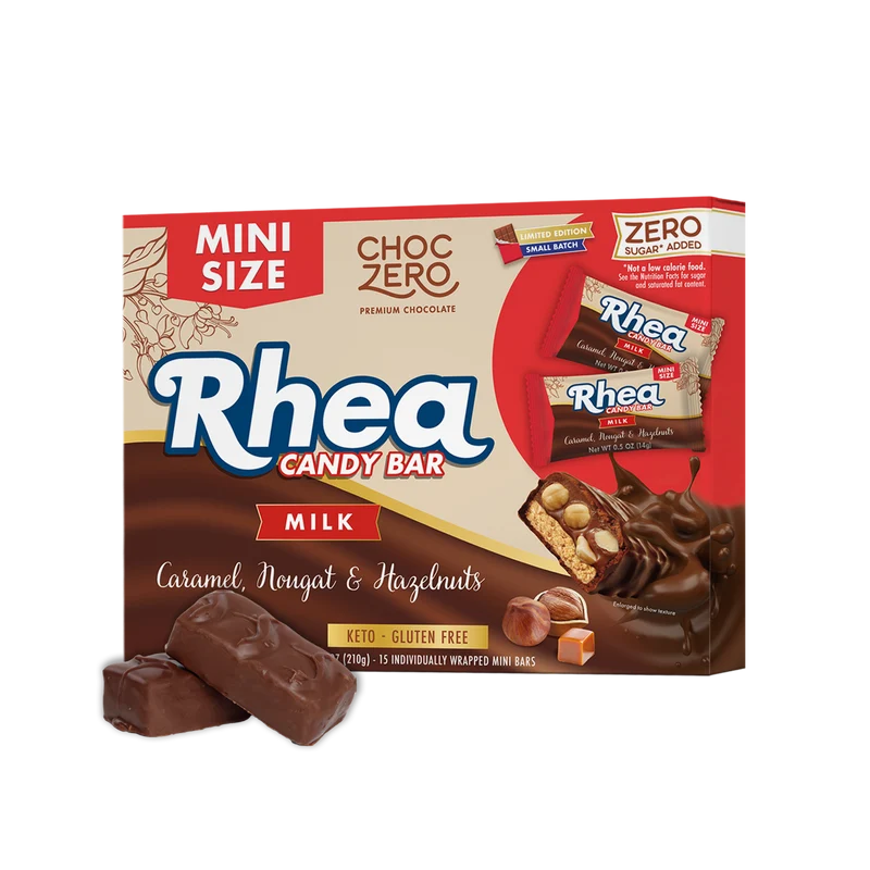 ChocZero GF KETO Rhea Candy Bars (1 box of 15 MINI bars), Mini Hazelnut Rhea Bars flavour, retail box