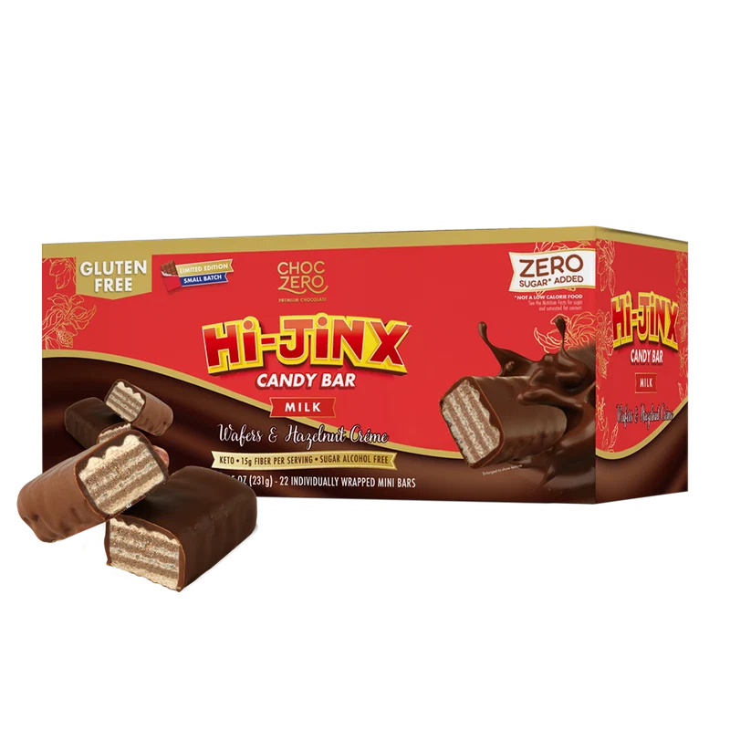 ChocZero Hi-Jinx Chocolate Candy Bars (Box of 22 bars), Hazelnut flavour, retail box