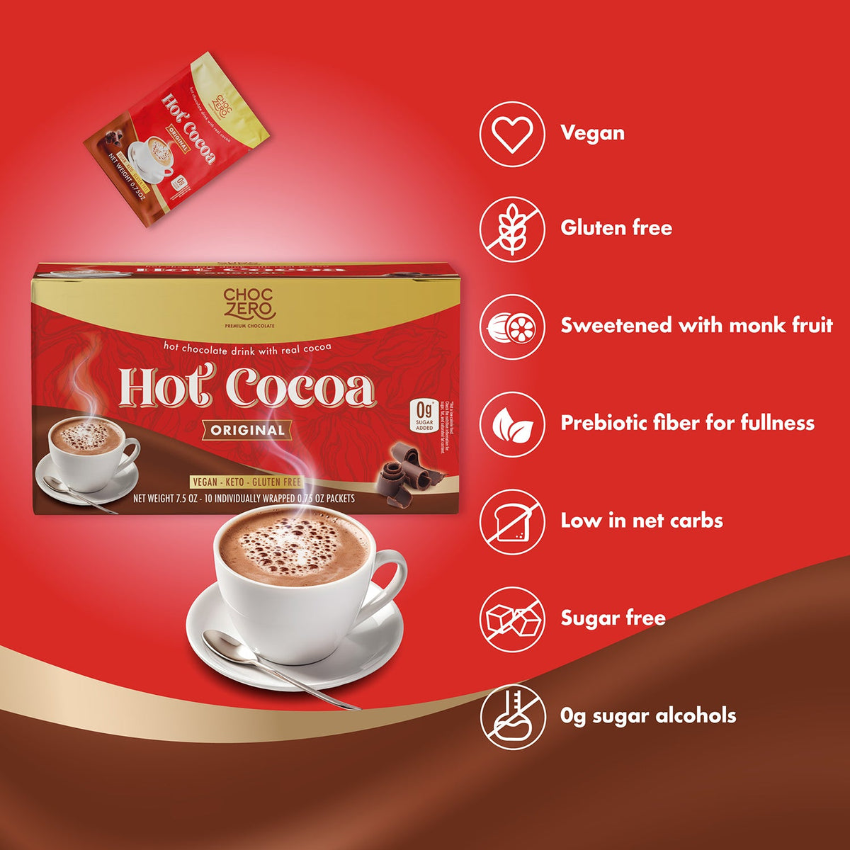 ChocZero Sugar Free Classic Hot Cocoa box with packet and prepared mug — vegan keto, 10 servings