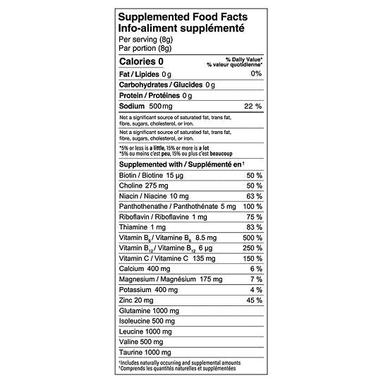Supplemented Food Facts panel for SIIP hydration drink stick — sodium, aminos, B vitamins, zero calories