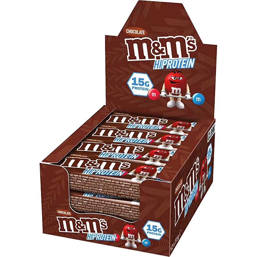 Mars Brand Hi-Protein Bar (1 BOX of 12) — M&M's Hi-Protein Chocolate open box of 12 bars, 15g protein