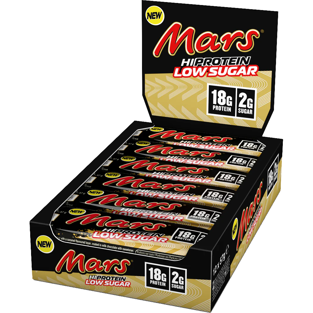 Mars Brand Hi-Protein Bar (1 BOX of 12) — Mars Hi-Protein Low Sugar open box of 12 bars, 18g protein 2g sugar