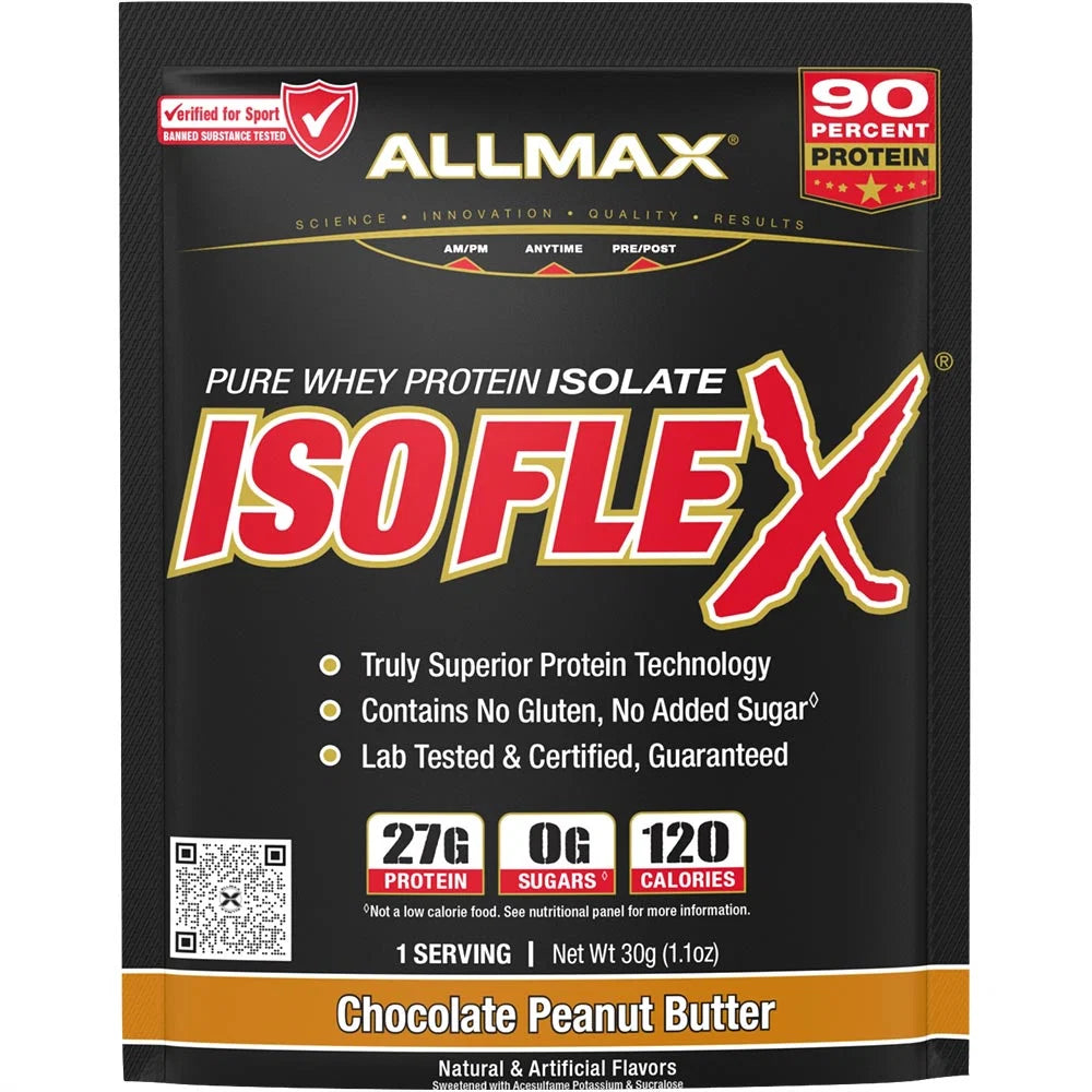 Allmax Isoflex whey protein isolate single-serve packet in Chocolate Peanut Butter, 27 g protein