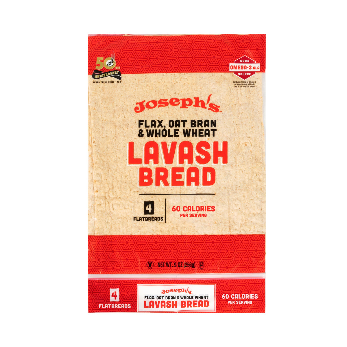 Joseph's Bakery Flax, Oat Bran & Whole Wheat Lavash Bread, front of 4-count bag on a white background