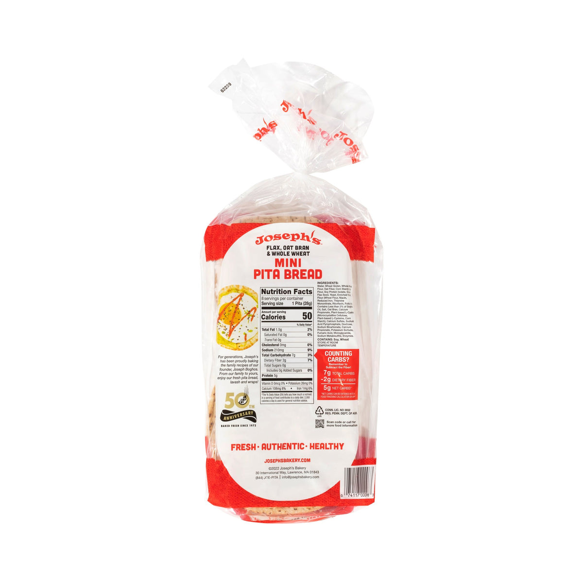 Joseph's Bakery Flax, Oat Bran & Whole Wheat Mini Pita Bread, back of bag with Nutrition Facts panel and ingredients