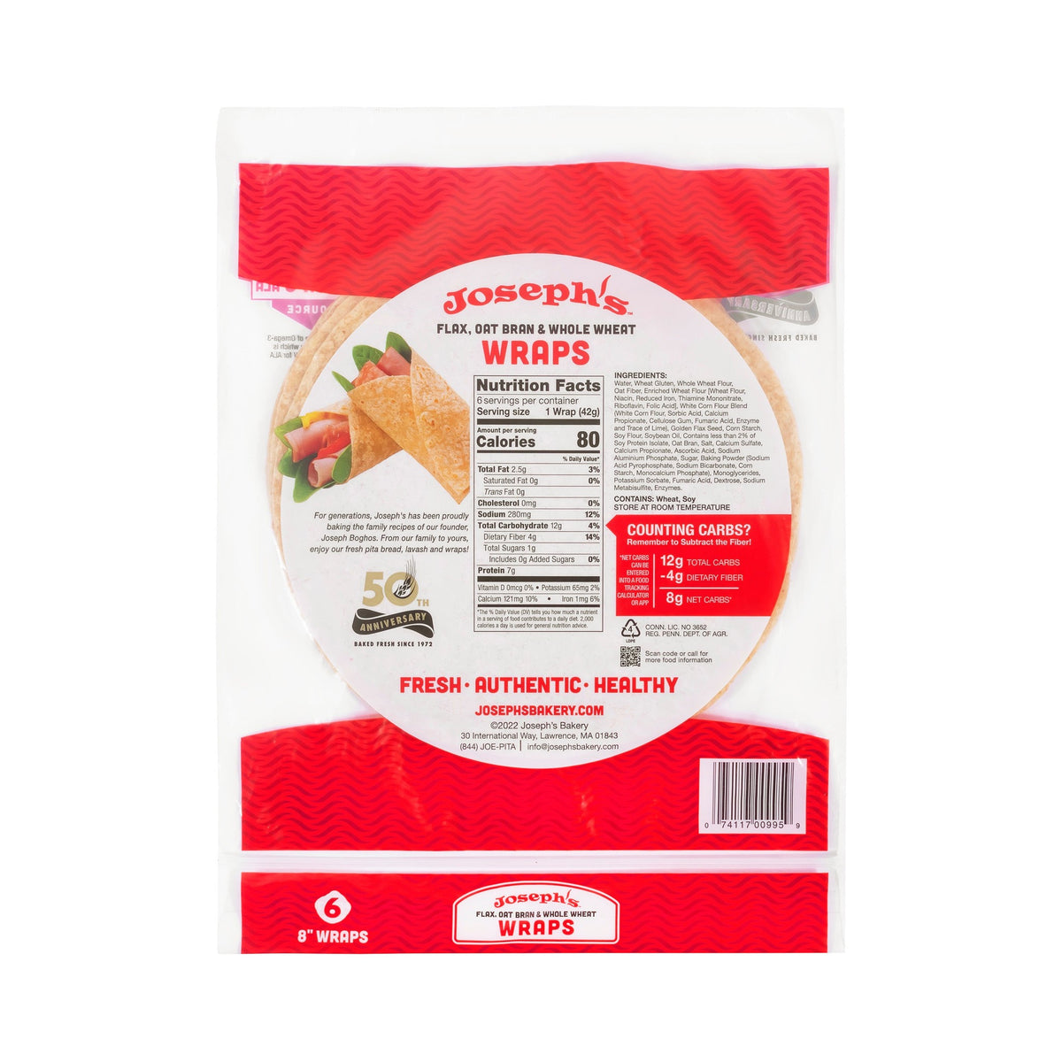 Joseph's Bakery Flax, Oat Bran & Whole Wheat Wraps, back of bag with Nutrition Facts panel and ingredients
