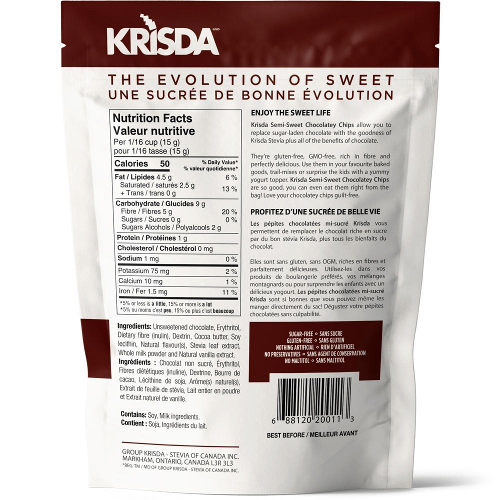 Krisda Semi-Sweet Chocolatey Chips Nutrition Facts panel and ingredients on back of 285 g bilingual pouch