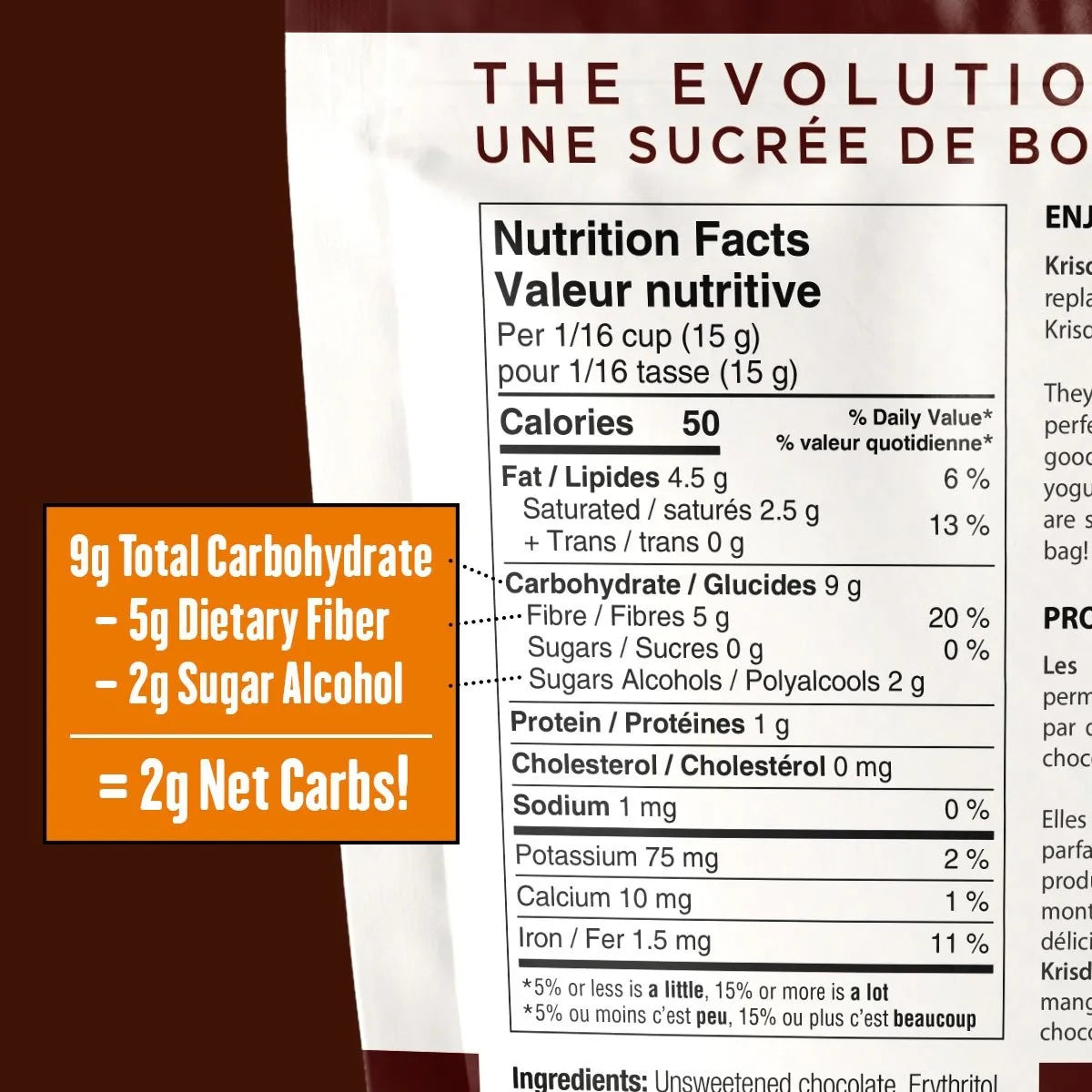 Krisda Semi-Sweet Chocolatey Chips Nutrition Facts panel close-up with orange net carb calculation callout