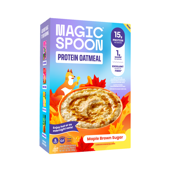 Magic Spoon Protein Oatmeal Maple Brown Sugar box front — 15g protein, only 1g sugar, gluten-free oats
