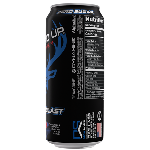 Bucked Up Energy Drink — Breezy Blast can, angled front view, zero sugar