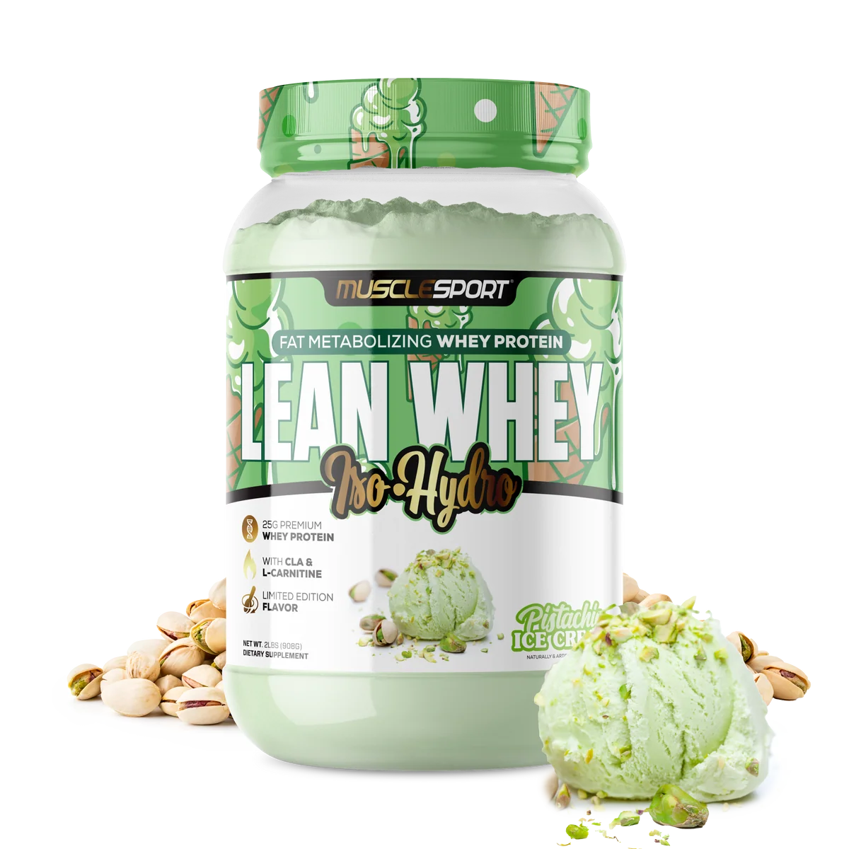MuscleSport Lean Whey Iso Hydro Pistachio Ice Cream, 25g protein whey isolate 2lb tub
