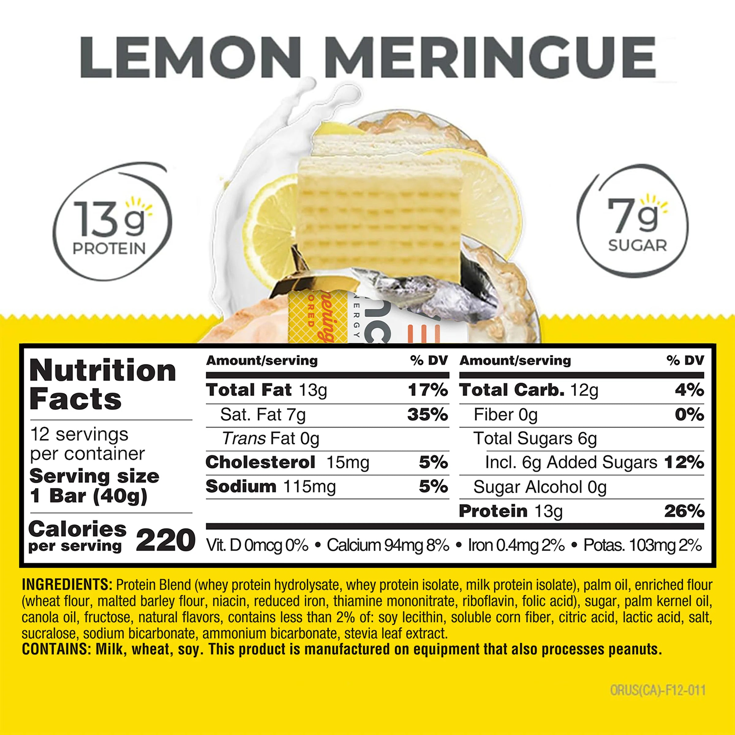 Power Crunch Protein Bar Lemon Meringue Nutrition Facts label — 13g protein, 7g sugar per bar