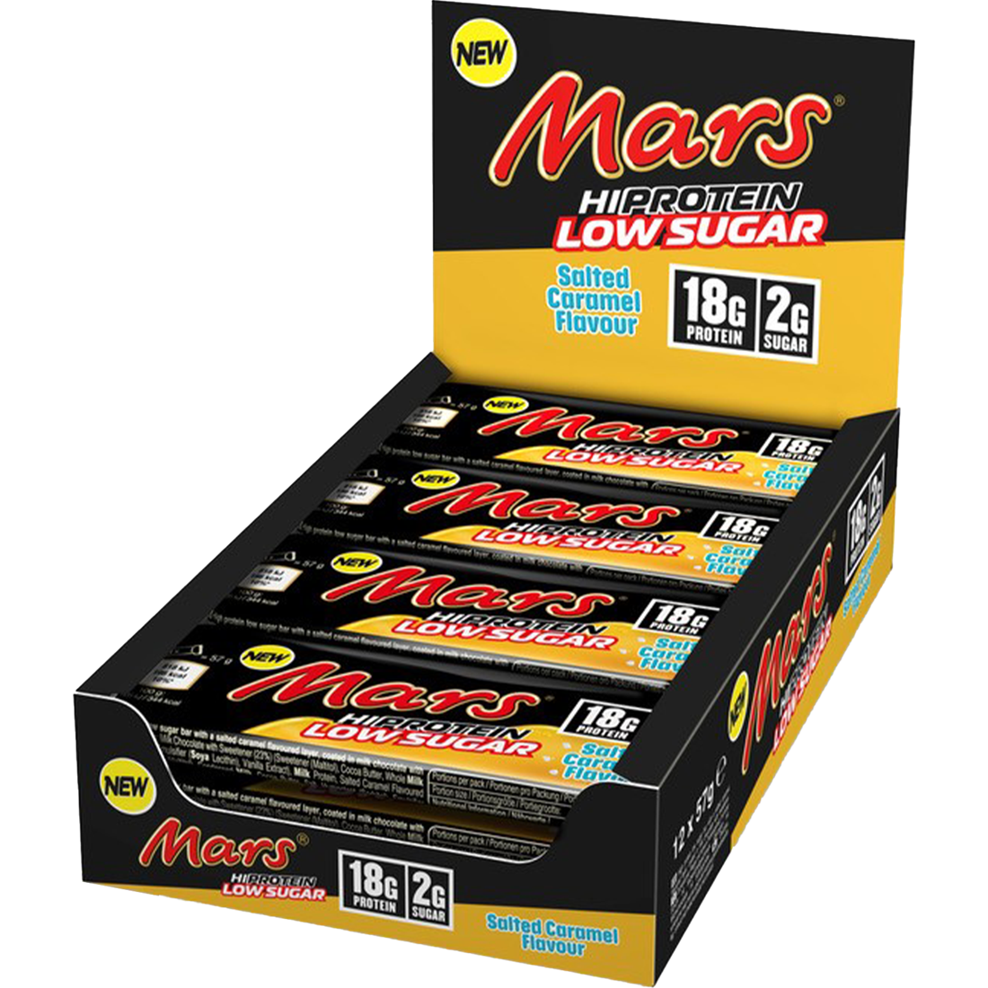 Mars Hi-Protein Low Sugar Salted Caramel — open box of 12 bars, 18g protein and 2g sugar each