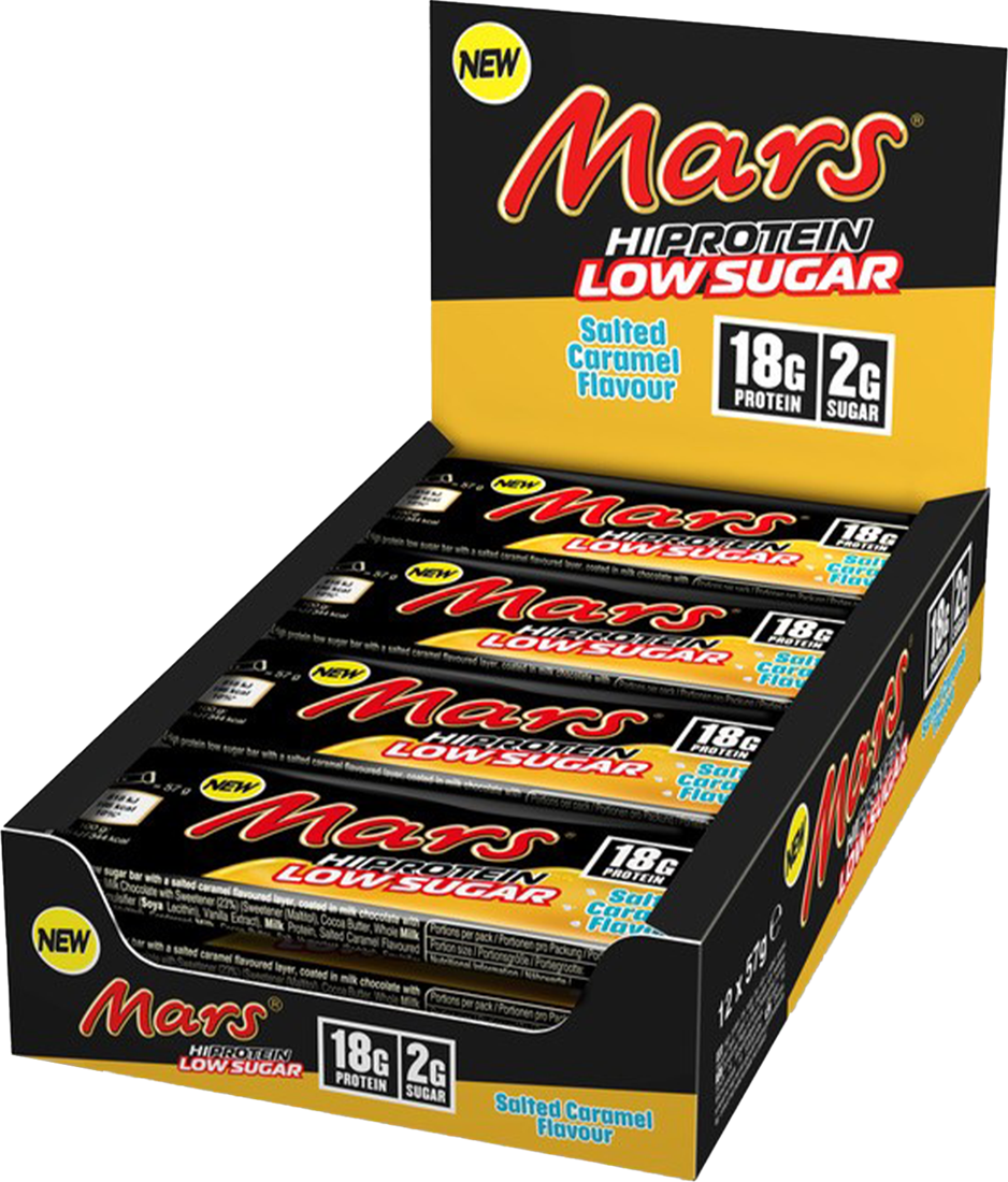 Mars Hi-Protein Low Sugar Salted Caramel — open box of 12 bars, 18g protein and 2g sugar each