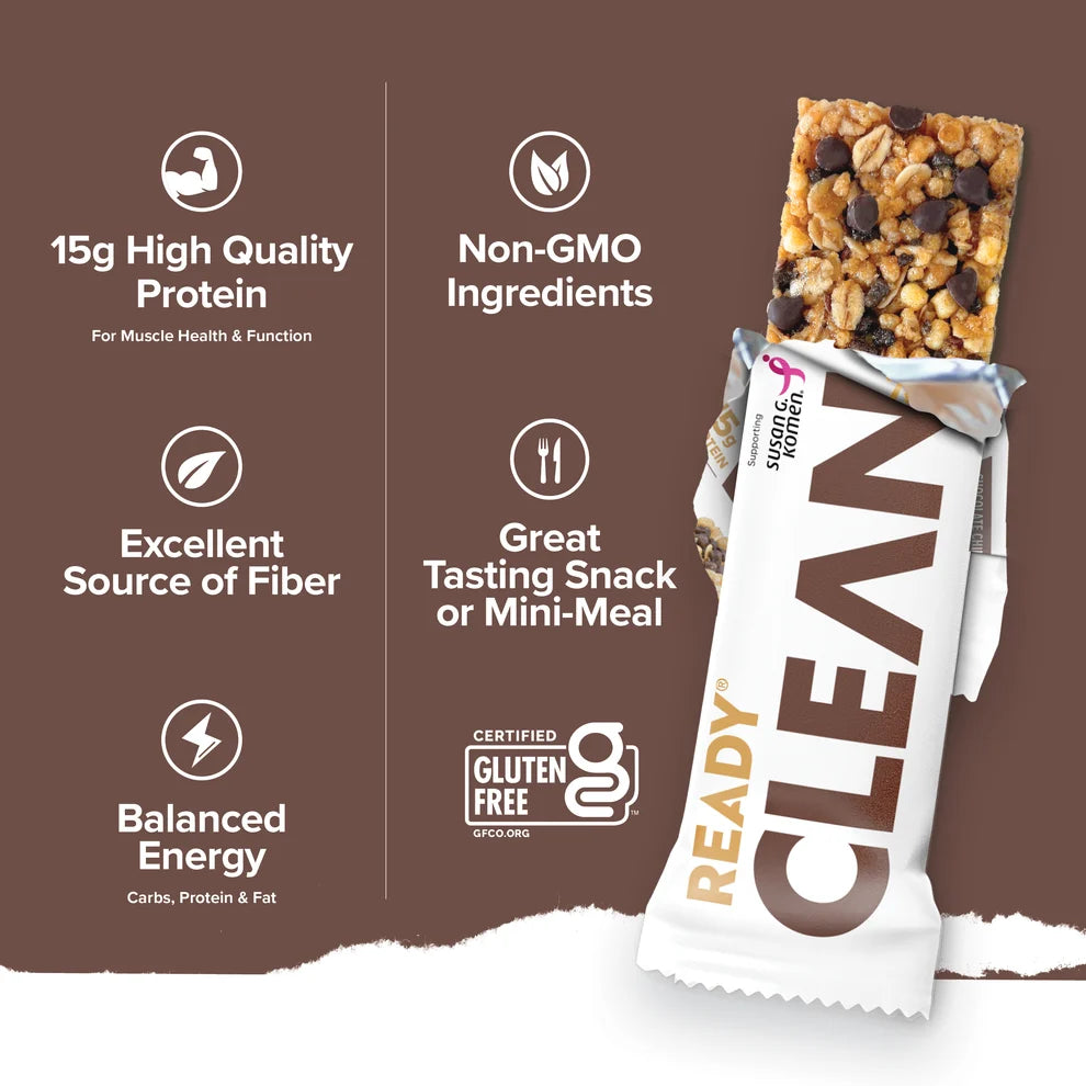 Ready Clean Chocolate Chip benefits graphic, 15g protein non-GMO gluten-free, with unwrapped bar