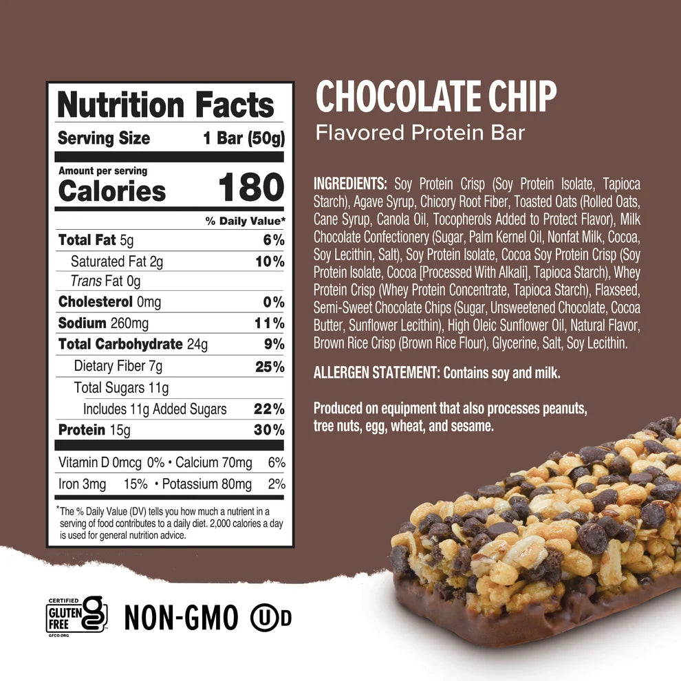 Ready Clean Chocolate Chip protein bar Nutrition Facts panel, 180 calories per bar