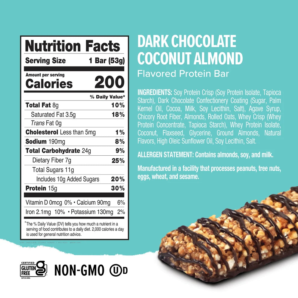 Ready Clean Dark Chocolate Coconut Almond protein bar Nutrition Facts panel, 200 calories per bar