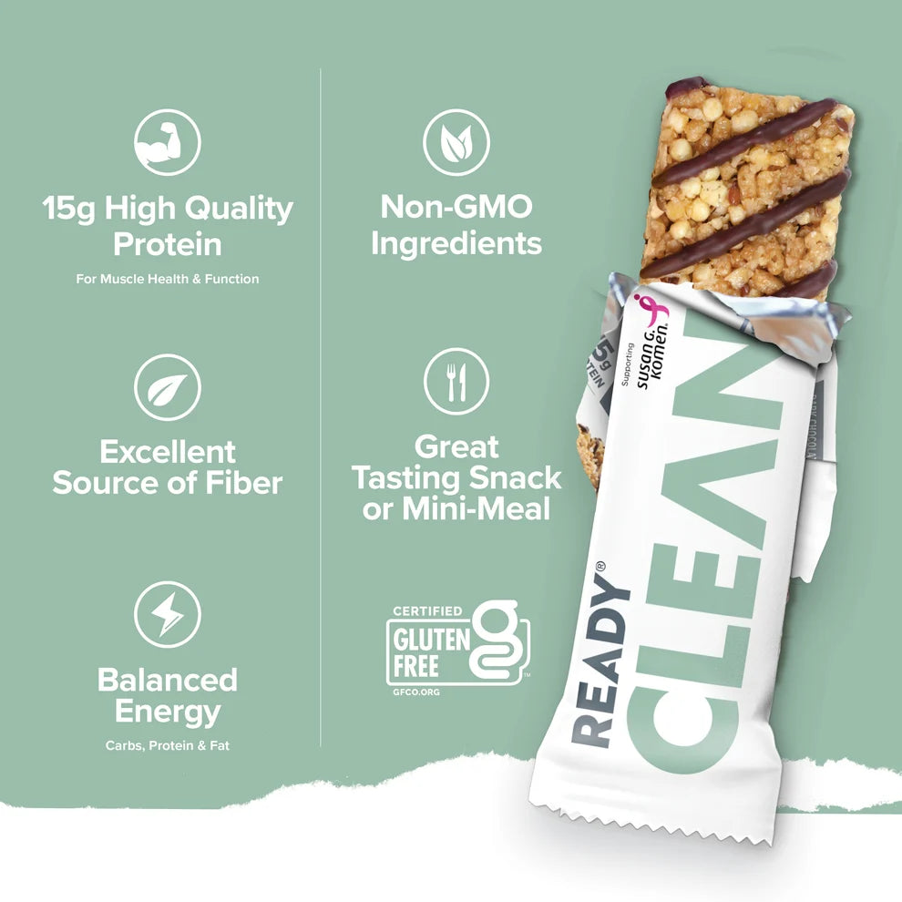 Ready Clean Dark Chocolate Sea Salt benefits graphic, non-GMO high fiber gluten-free, with bar