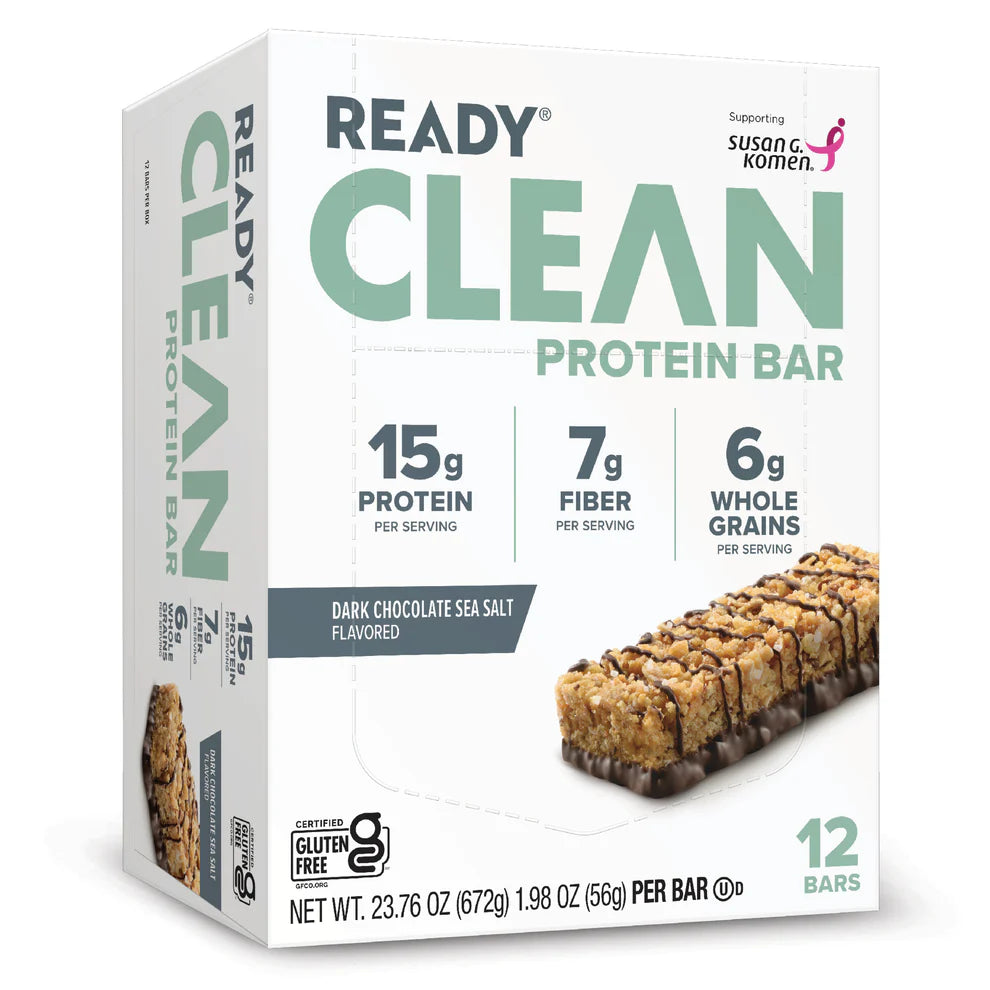 Ready Clean Dark Chocolate Sea Salt protein bar, box of 12 retail carton front, 15g protein