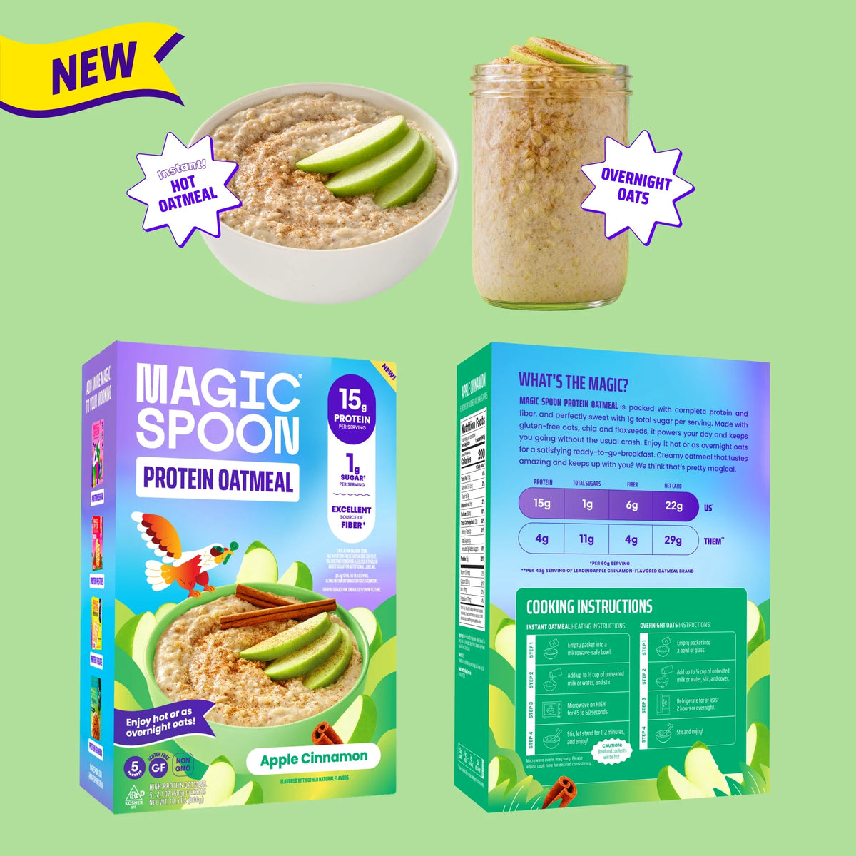 Apple Cinnamon Magic Spoon Protein Oatmeal packet and bowl — 15g protein, 6g fiber, gluten-free oats